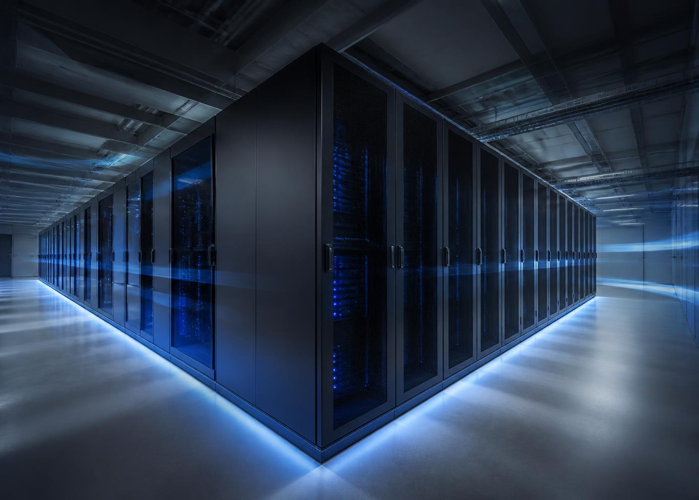 Row of dark server cabinets lit with cool blue light inside a data centre corridor