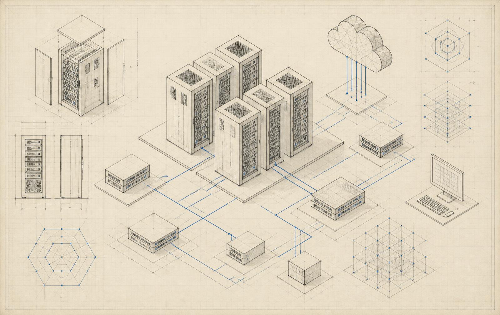 Isometric blueprint drawing of servers, cloud services, and network links on ivory paper with blue accents