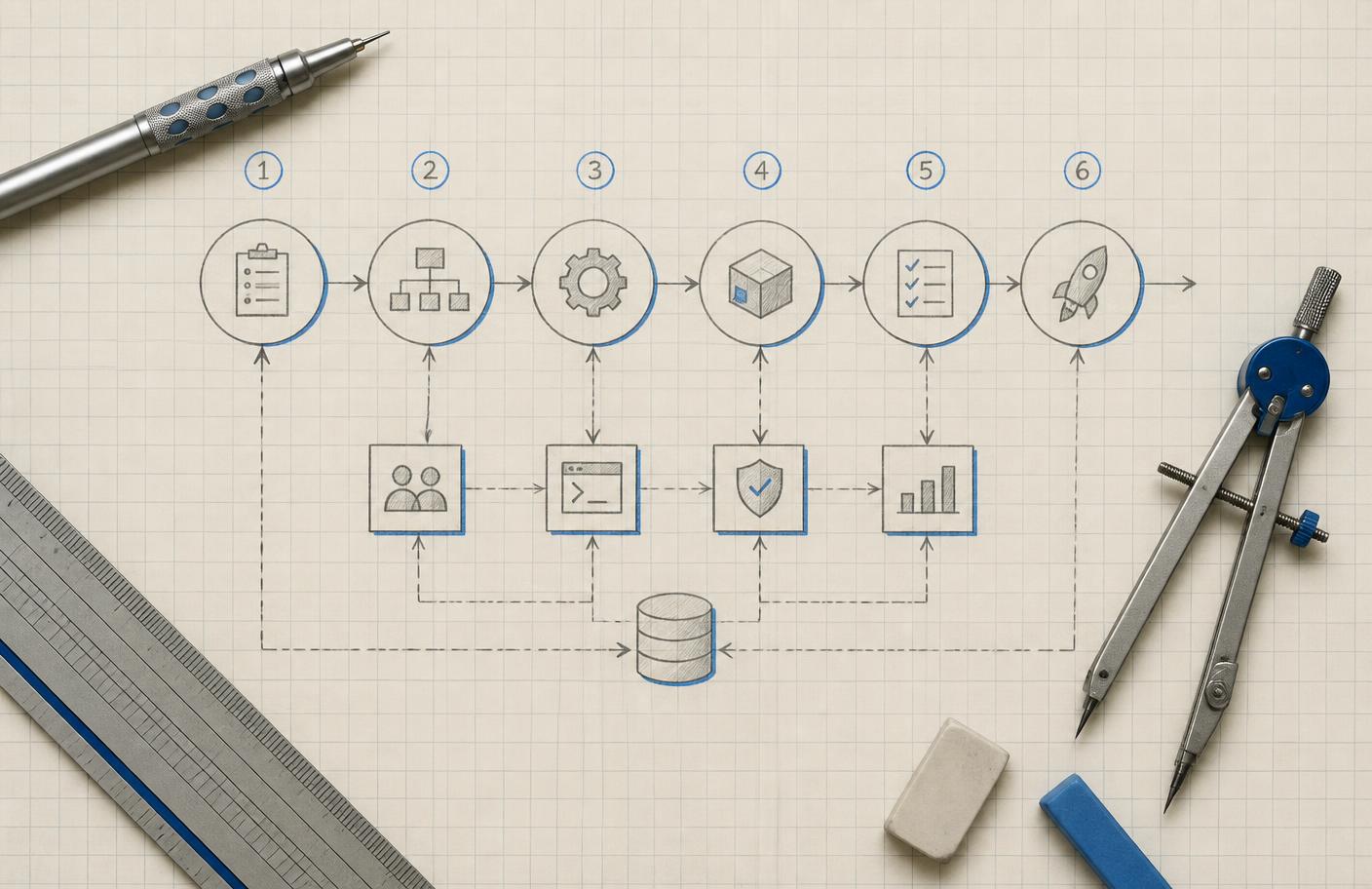 Pencil-drawn numbered six-stage delivery flowchart on grid paper surrounded by a ruler, compass, and eraser