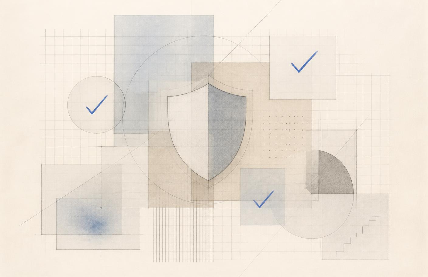 Abstract drawing of overlapping panels, a shield, and blue check marks on gridded ivory paper